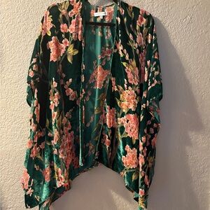 Woven Heart Floral Kimono with Pink and Green Velvet Accents